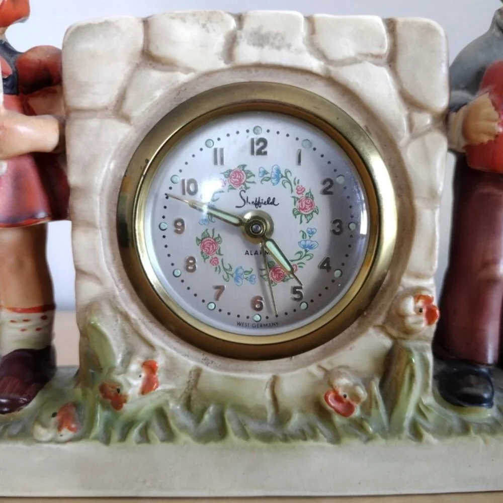 Vintage Sheffield Hummel Style Clock Wind Up Alarm Clock Boy and Girl Folk Art